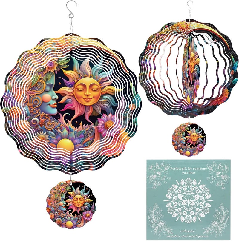 Romart Sun and Moon Wind Spinners Outdoor, Boho Gifts Garden Mystical Hanging Wind Spinner, Colorful 3D Stainless Steel Outdoor Decor for Patio Yard Lawn - Image 1